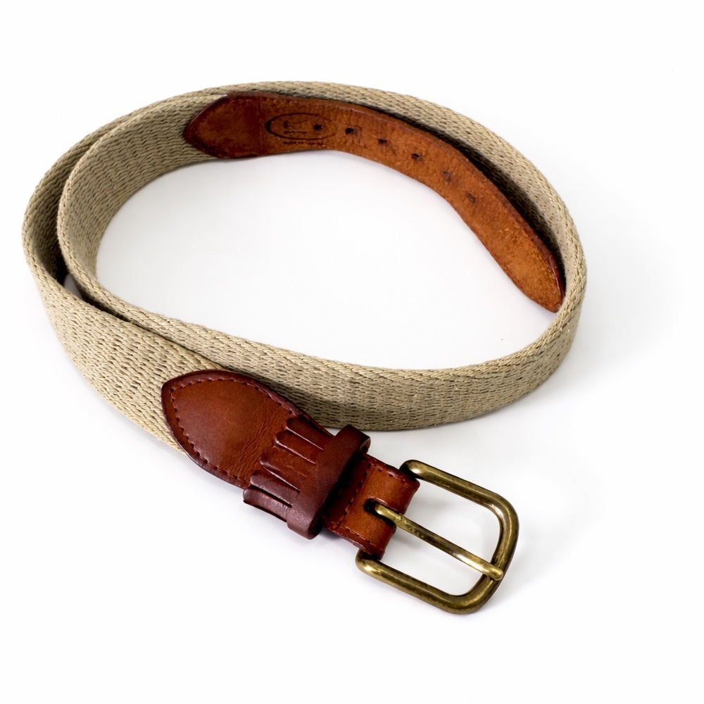 Vintage Tabby Cotton Webbed Leather Belt 33.5” Brown Brass Kiltie Unisex preppy